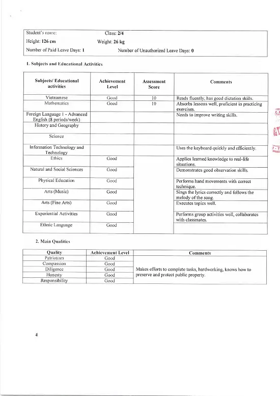 Bản Dịch Thuật Công Chứng Học Bạ Tiểu Học Tờ 4